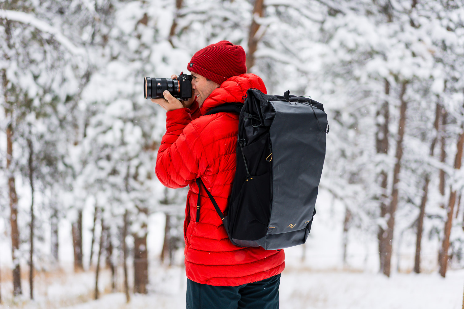 peak design outdoor backpack in the snow