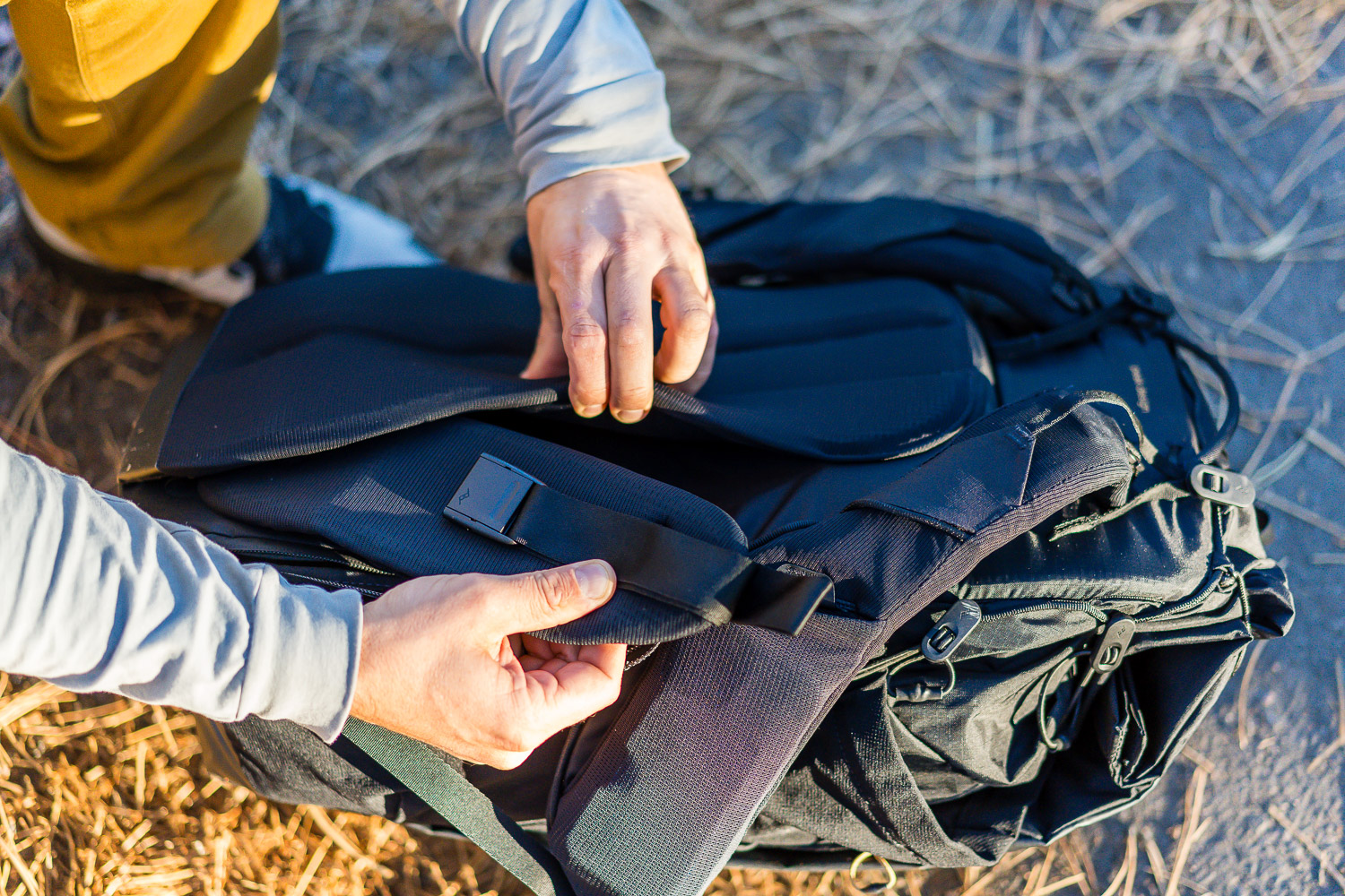 peak design outdoor backpack 45l showing the folding tuck away hip belt