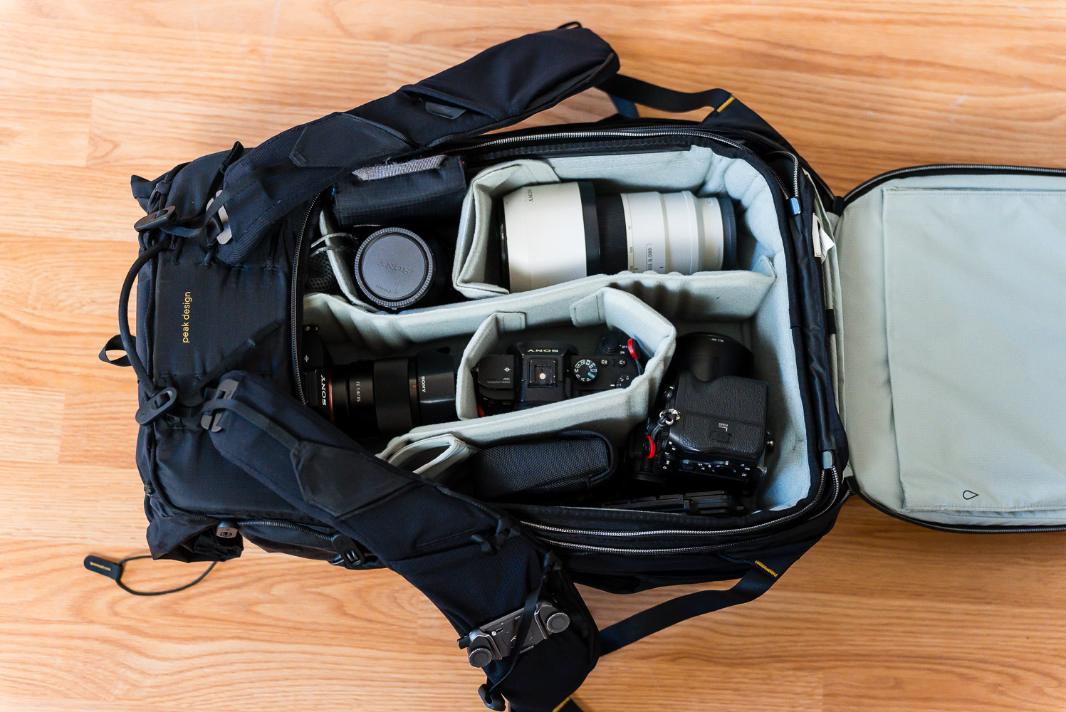 peak design outdoor backpack 45l packed with a full camera kit
