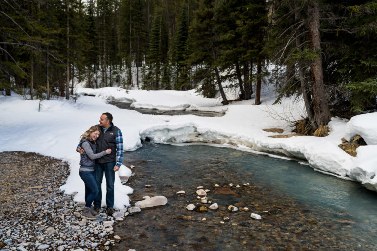 Winter Mountain Engagement Photos near creek